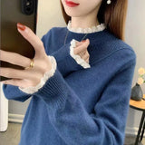 Half-High Collar Sweater In Autumn And Winter 2025 Women Loose Outer Wear Lace Stitched Knitted Bottom Shirt