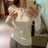 U-Collar Half-Breasted Thread Bottomed Shirt Women's Spring And Autumn New Shoulder Long-Sleeved T-Shirt With Solid Color