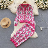 Winter Women's Knitted Sets Round Neck Jacquard Single Breasted Knit Cardigan + High Waisted Straight Midi Skirt