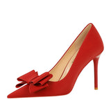 Zingj Korean Version Fashion Thin Heels, Silk, Shallow Pointed Bow Single High Heel Women's