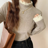 Semi-High-Necked Velvet Bottomed Blouse With A New Style Of Long-Sleeved Knitted Velvet And Warm Lace