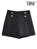 Women Fashion Front Metal Buttons Tweed Shorts Vintage High Waist Side Zipper Female Short Pants