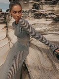 Knitted Long Dress Women Hollow Out Long-sleeved Dresses Female See Through Cover-ups Beach Vacation