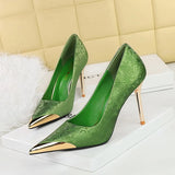 Zingj National Style Women's Shoes High Heels Silk Thin Heel Shallow Metal Pointed Head Satin Banquet High Heel Singles
