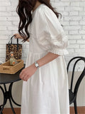 Kitty Normcore Chic Lantern Sleeves Maxi Dress Women Hollow Out Summer 2022 Slim Close Waist Solid New Sweet Casual