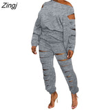Women Sets Autumn Winter New Solid One Shoulder Long Sleeve Top + Pants 2 Pieces Set Casual Sporty
