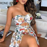 Women Bandeau Floral Butterfly Print Cutout High Slit Dress Bodycon