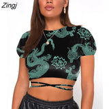 Women’s Fashion Printing Slim Short T-shirt Short Sleeve Backless Drawstring Lace-up Bandage Crop Tops Summer Basic