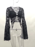 Trumpet Sleeve Forked Deep V-Collar Navel Spicy Girl Blouse Dark Wind Street Style