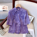 Button-Down Blouse Women 2023 Summer Style Retro Silk Shirt Women's Short-Sleeved Five-Sleeve