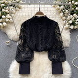 Zingj Retro Style Advanced Bubble Sleeve Shirt Autumn Net Embroidery Design Light Extravagant Socialite Temperament