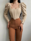 Summer New Women's Tops Retro Square Collar Pure Desire Long-sleeved Sexy Puff Sleeves Fishbone Corset Short