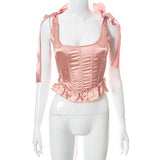 Solid Square Collar Patchwork Sleeveless Backless Lace Ribbons Y2K Corset Tops Summer Women Sweety Sexy