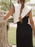 Women Fashion Contrasting Hollow Out Maxi Dress Elegant O Neck Sleeveless High Waist Long Dresses Summer Lady Chic Party
