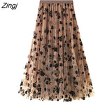 Tulle Skirt Women Vintage Butterfly Embroidery Elastic High Waist A-Line Mesh Pleated Skirt Female Midi Skirt Faldas