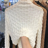 Women Turtleneck Long Sleeve Lace Pullover Basic Elegant Fashion Bright Line Decoration All-match Office Female Retro