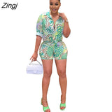 Women Tracksuit Biker Two Piece Set Print Shirt + Short Pants Streetwear Matching Set Clothes For Women