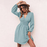 Summer Casual Chiffon Solid Color V-neck Slim A-line Midi Dress 2022 Fashion Elastic Waist Jacquard Dresses For