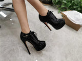 Onlymaker Women's Black Red Platform Ankle Boots High Heels Lace Up Patent leather Stiletto Sexy Lady Fashion Sexy