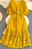 Summer Vintage Women V-Neck Puff Sleeve Hollow Out Lace Long Dress Elegant V-Neck High Waist A-Line Maxi Party