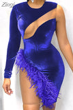 Sexy Sheer Mesh Patchwork Velvet Mini Dress Women One Long Shoulder Feather Night Club Short Bodycon Vestidos