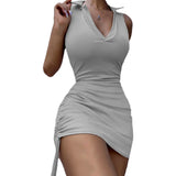 Fashion Sport Casual Lapel Drawstring Sheath Dress Summer Simple Sexy Women Sleeveless Solid Color Bodycon Mini
