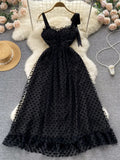 Black Long Dress Summer Women Mesh Tulle Polka Dots Lace Party Dresses Ladies Slim A-line Vintage Maxi Dress