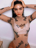 Summer Sexy Letter Print Transparent Mesh Bodysuits Long Sleeve See Through Baby Bodycon Rompers Women