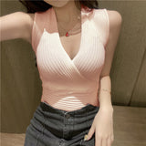 Zingj Summer New Dark V-Collar Sexy Low-Cut Knitted Vest For Women With 12-Color Slim Striped Solid-Color Bottomed