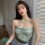 Tops Halter Bandage High Street Sexy Tank Camisole Sleeveless Harajuku Y2K Crop Tank Tie-Dye Print Slim Camis Femme