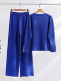 Winter New Women's Knitted Sets Fashion Large Gold Button V-Neck Sweater Wide Leg Pants Suits Thicken Knit Two Piece