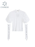 Women Slim Fit Bodycon Sexy See-through Mesh Turtleneck Patchwork Chic Hollow Out T-shirt Streetwear Fashion Vintage