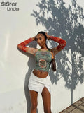 Dollar Print Mesh T-Shirt Women Long Sleeve Aesthetic Y2K Tops Female Hipster Wild Slim Gorgeous Tees