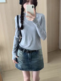Hooded Solid Color Long-Sleeved T-Shirt Women's Early Autumn New Style Design Slim And Thin