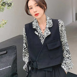 Women Pocket Sexy Fashion Design Casual Outfits Autumn New Ins French Style Two Pieces Vest Outwear Leopard Shirt