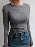 Quality Plain T Shirt Women Cotton Elastic Basic T-shirts Female Casual Tops Long Sleeve Sexy Thin T-shirt see