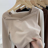 Velvet Bottomed Blouse Women's Autumn And Winter New Design Sense Minority Square Collar Irregular Sanding Western Style Slimming