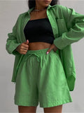 Tracksuit 2022 Shirt Shorts Two Piece Set Green Long Sleeve Top And Mini Shorts Suit Female Summer Lady Fashion