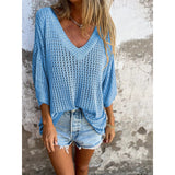 For The New T-Shirt Women's Hollow Long-Sleeved Knitted Shirt Languid Style Design V Collar Sunscreen Sexy