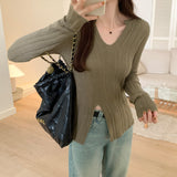 Sense Of Design For A Minority Split Sweater The New Autumn Style Shows A Thin V-Neck Long-Sleeved