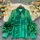 Zingj And Summer New Niche Design Sense Lapel Single Breasted Flounce Splicing Personality Loose Foreign Style Shirt