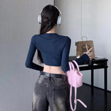 Summer Women's Crop Top Korean Version Solid Colour Hollow out Long Sleeves T