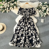 Zingj 2024 New French Vacation One-Line Collar Off-Shoulder Short Sleeve Closed Waist Slim Flower Long Grandiflorum