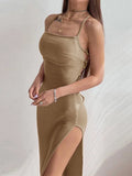 Black Long Bodycon Dress Women Summer Sleeveless Blackless Halter Neck Spaghetti Strap Dresses High Split