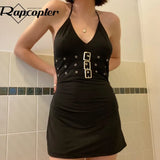 y2k Buckle Halter Dress Backless Sexy Black Party Dress Tie Up V Neck Retro Fashion Streetwear Sundress Beach