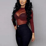 Women Blouses See Through Transparent Mesh Stand Neck Long Sleeve Sheer Blouse Shirt Ladies Tops