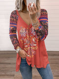 Collar Cotton Blend Pullover Print Long Sleeve Loose T-shirt