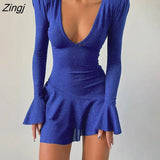 Sexy U-neck Ruffle Asymmetrical Mini Dress Women Bright Silk Butterfly Sleeve Slim Wrap Dress Elegant Bodycon