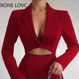Women Solid Elegant Crop Long Sleeves Notched Collar Mini A-Line Working Sexy Red