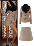 Fur Collar Coat And Mini Skirt Set- Outfit